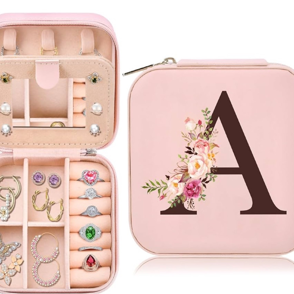Personalized With Initial A Pink Jewelry Organizer with Floral Initial